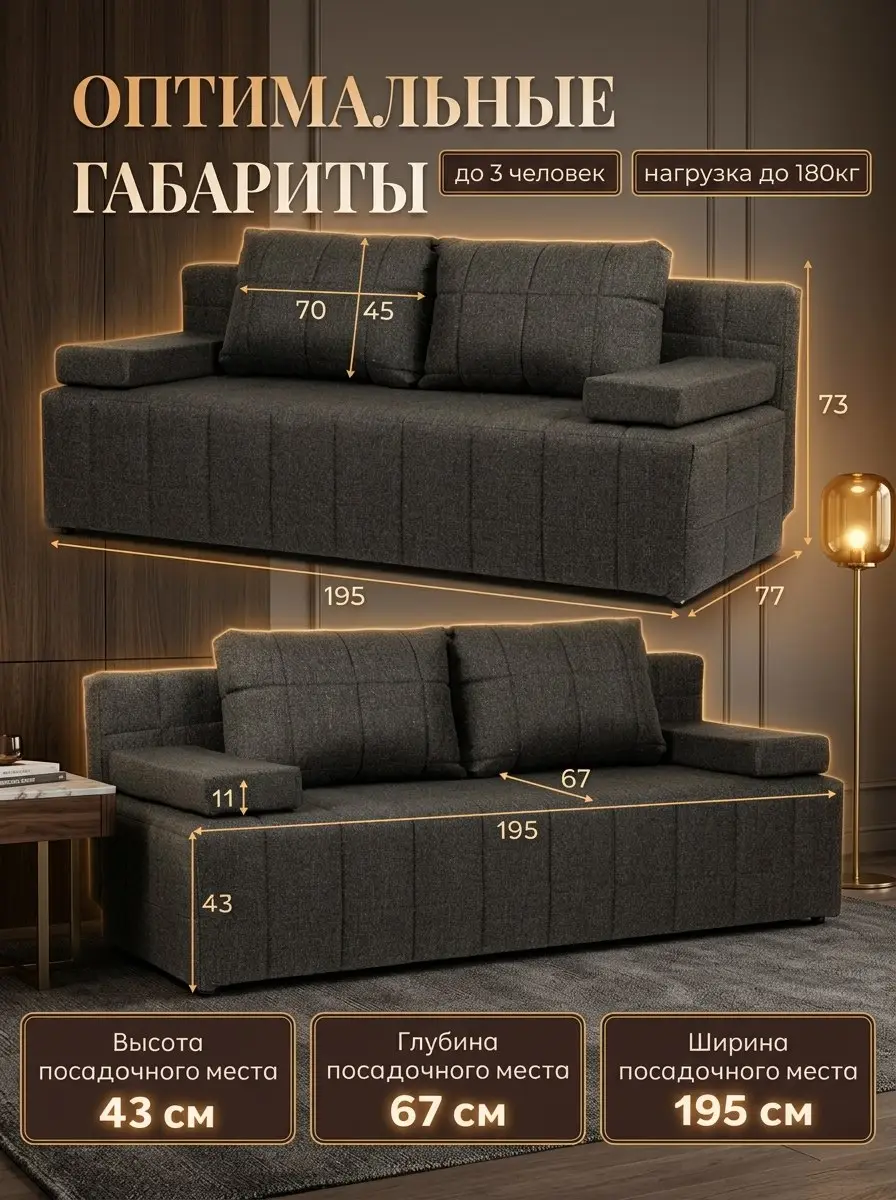 Диван Вентура черный рогожка — фото 2