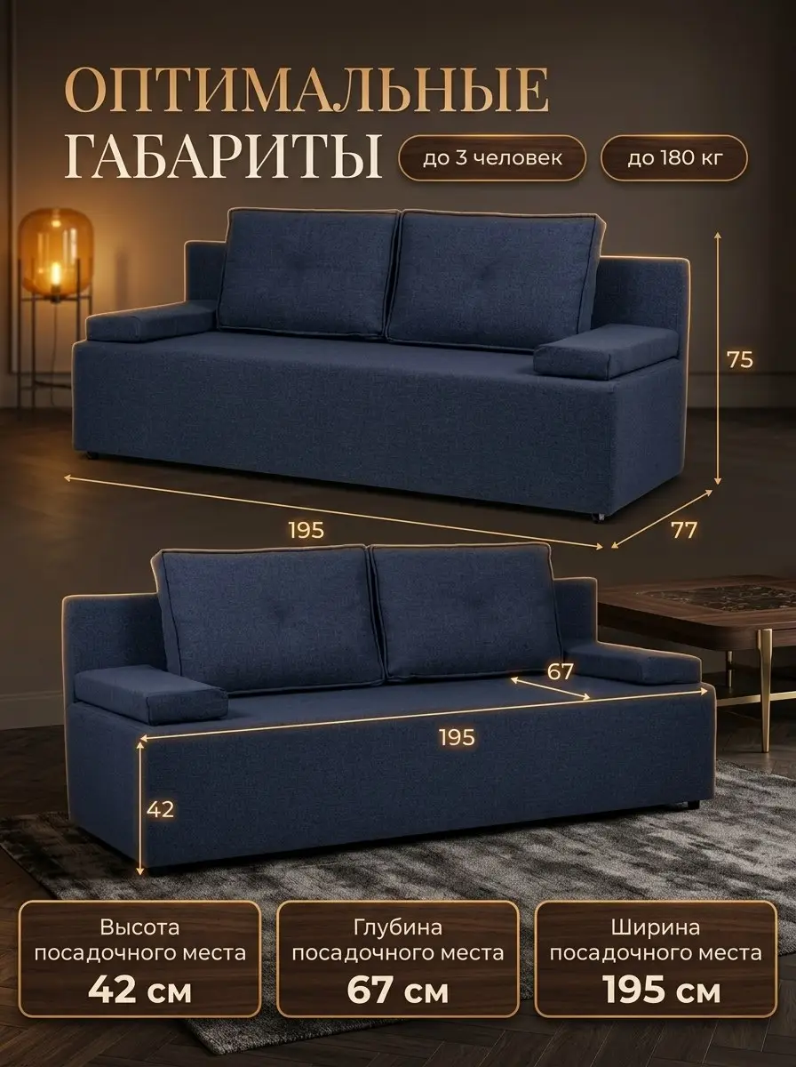 Диван Турин Лайт синий рогожка — фото 2