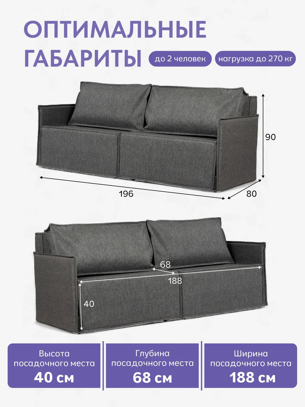 Диван кровать Финикс 196х90х80, еврокнижка, темно-серый рогожка