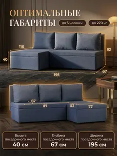 Диван Угловой Крит синий рогожка — фото 2