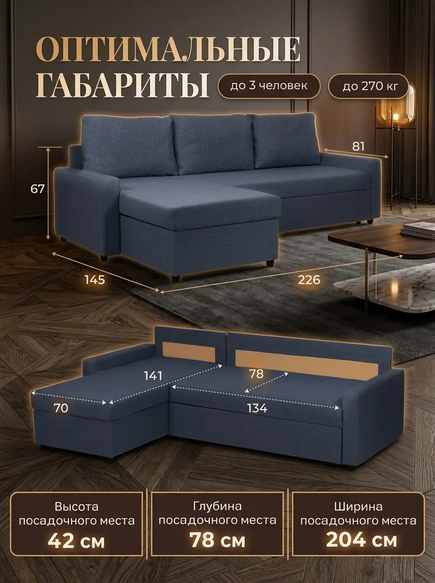 Диван Угловой Торонто синяя рогожка — фото 2
