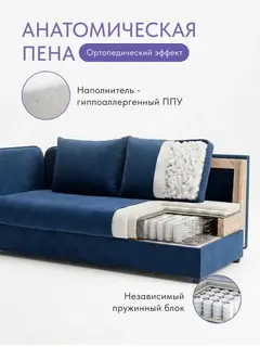 Кухонный диван со спальным местом Оливия, софа, синий велюр 193 см — фото 3