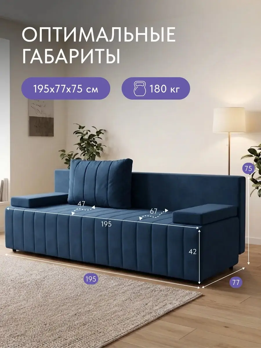 Диван прямой Турин плюс дизайн Гонконг синий велюр, 195×77×75 см