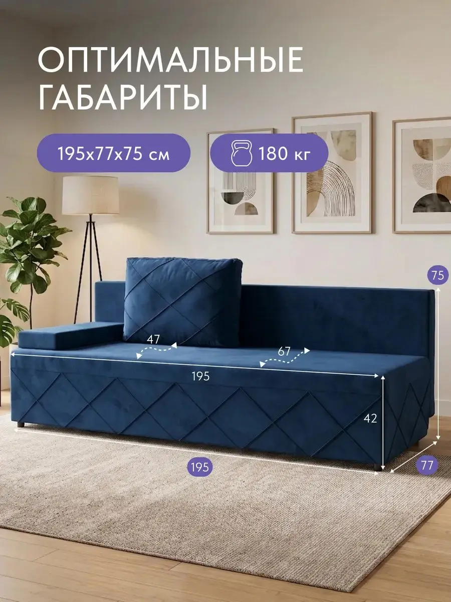 Диван прямой Турин плюс дизайн Честер синий велюр, 195×77×75 см