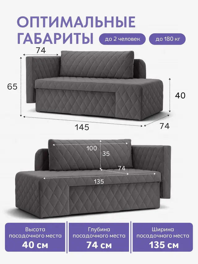 прямой Диван-Кровать Бали серый велюр, 145×74×66 см
