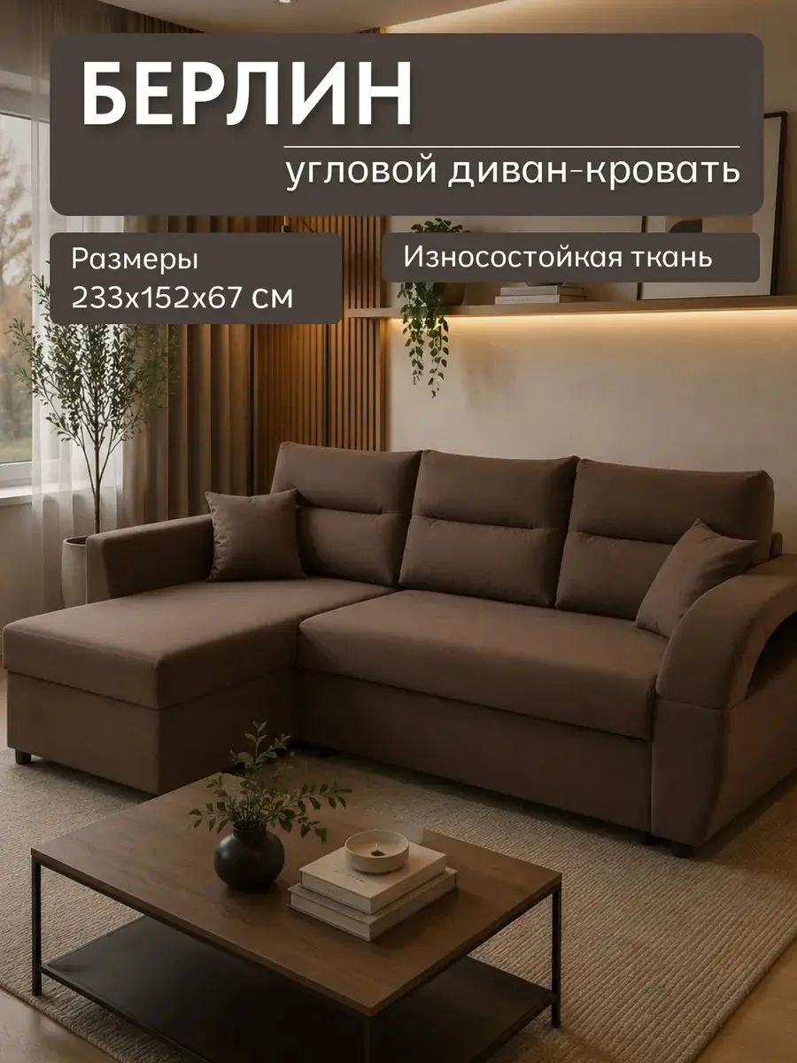 Диван угловой Берлин шоколадный велюр, 233×152×67 см