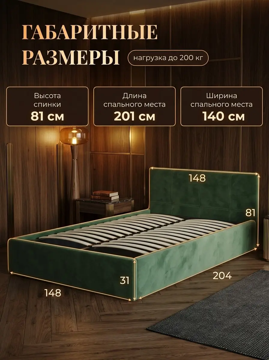 Кровать Ноттингем 140х200 изумрудный велюр — фото 2