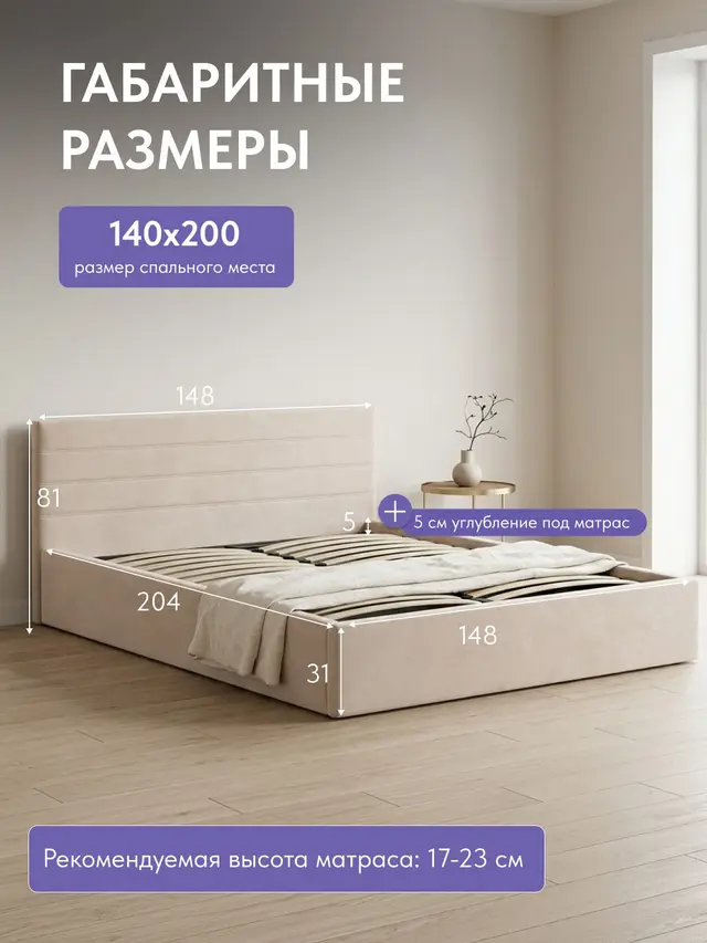 Кровать Стронг, платформа Лайн размер 140х200 бежевый, 210×147×81 см