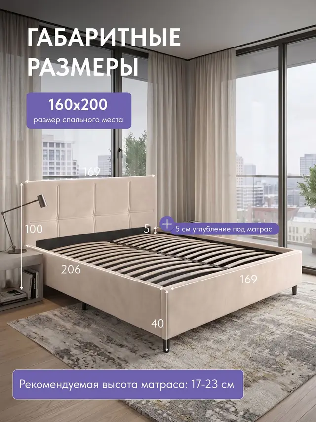Кровать Ноттингем, платф Стронг 160х200 бежевый, 209×169×100 см