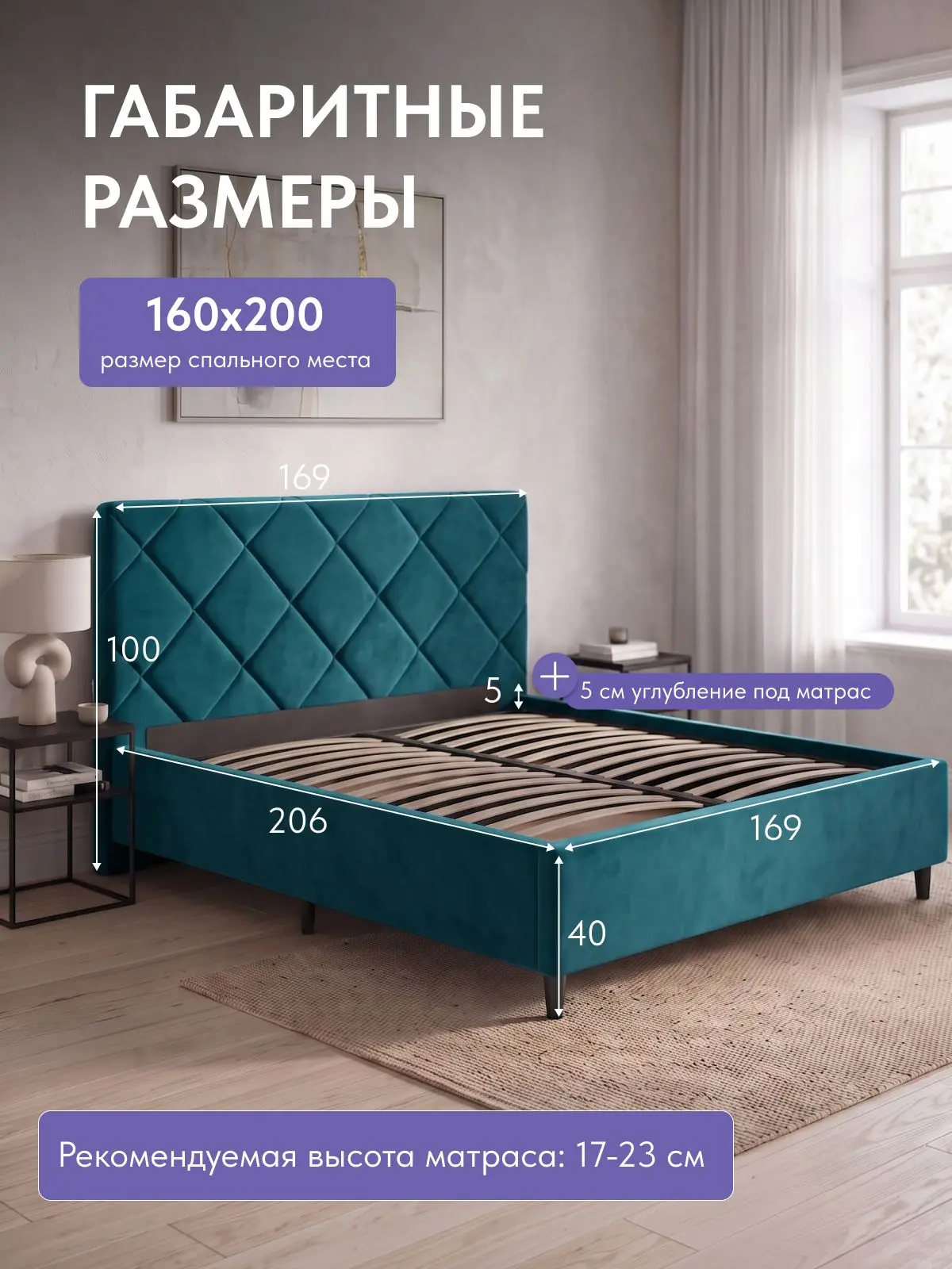 Кровать Марбелья, Стронг 160х200 зеленый, 209×169×100 см