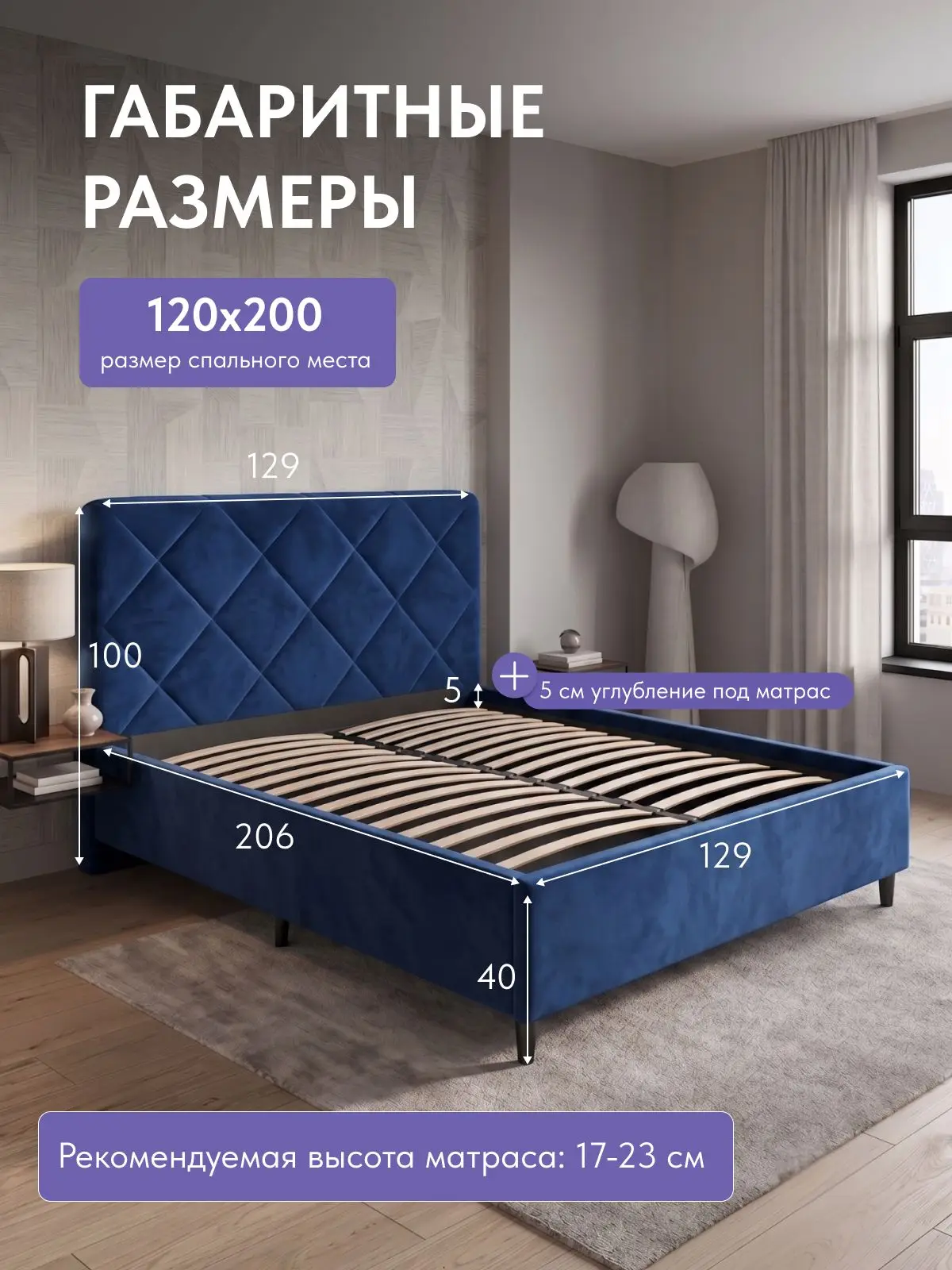 Кровать Марбелья, Стронг 120х200 синий, 209×129×100 см
