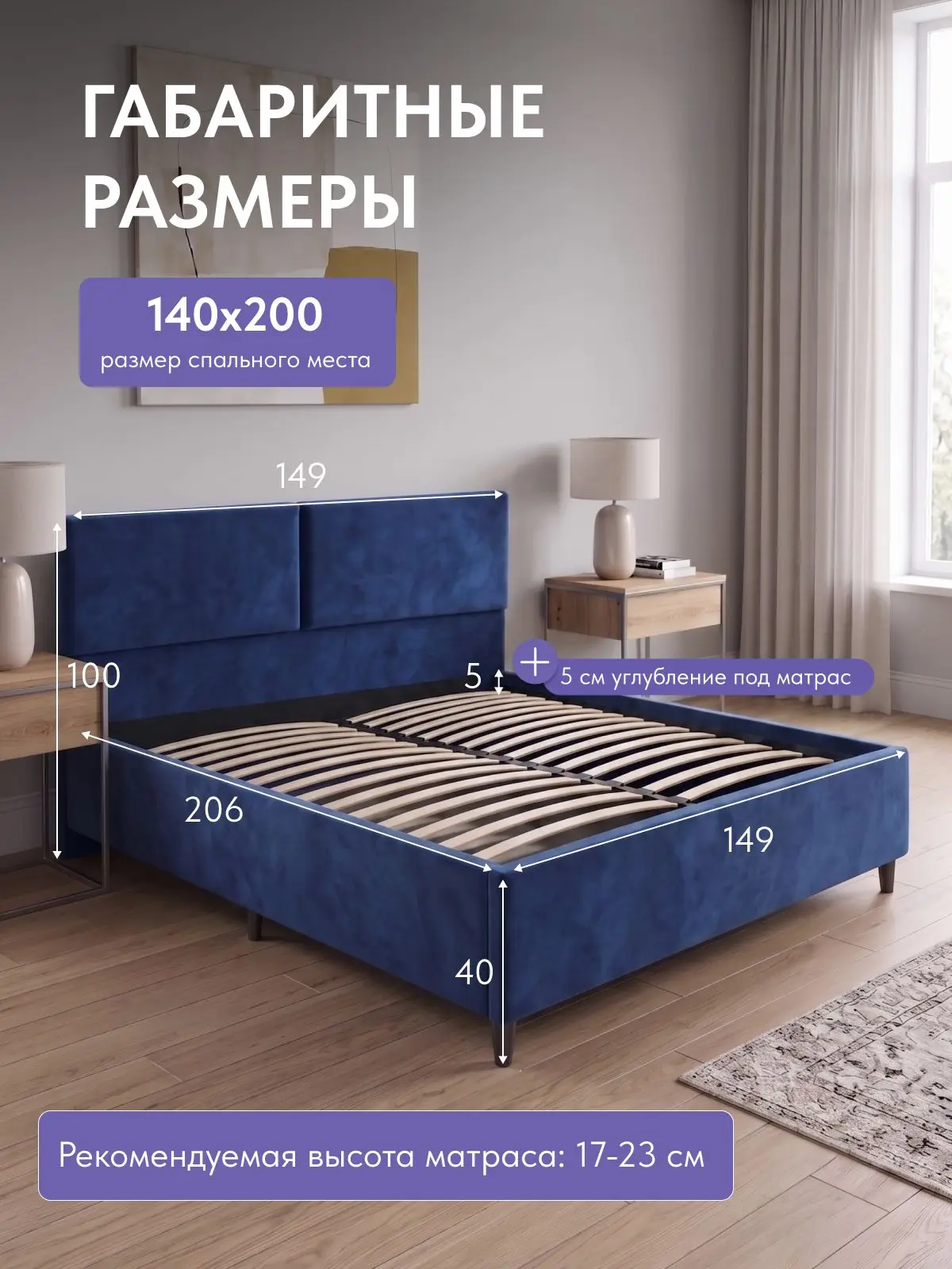 Кровать Манчестер, Стронг 140х200 синий, 204×148×81 см