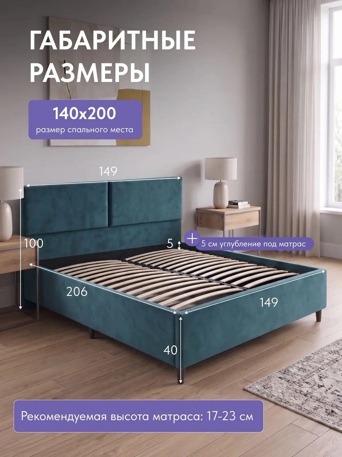 Кровать Манчестер, Стронг 140х200 зеленый, 204×148×81 см