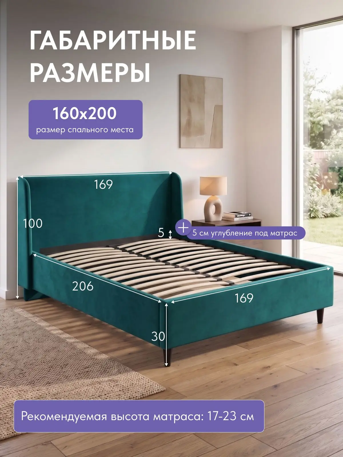 Кровать Парма, Урбан 160х200 зеленый, 206×169×100 см