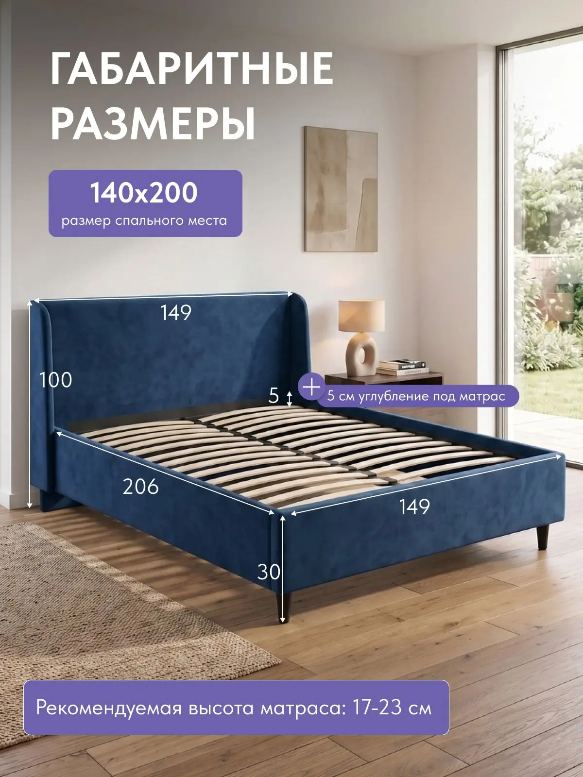 Кровать Парма, Урбан 140х200 синий, 206×149×100 см