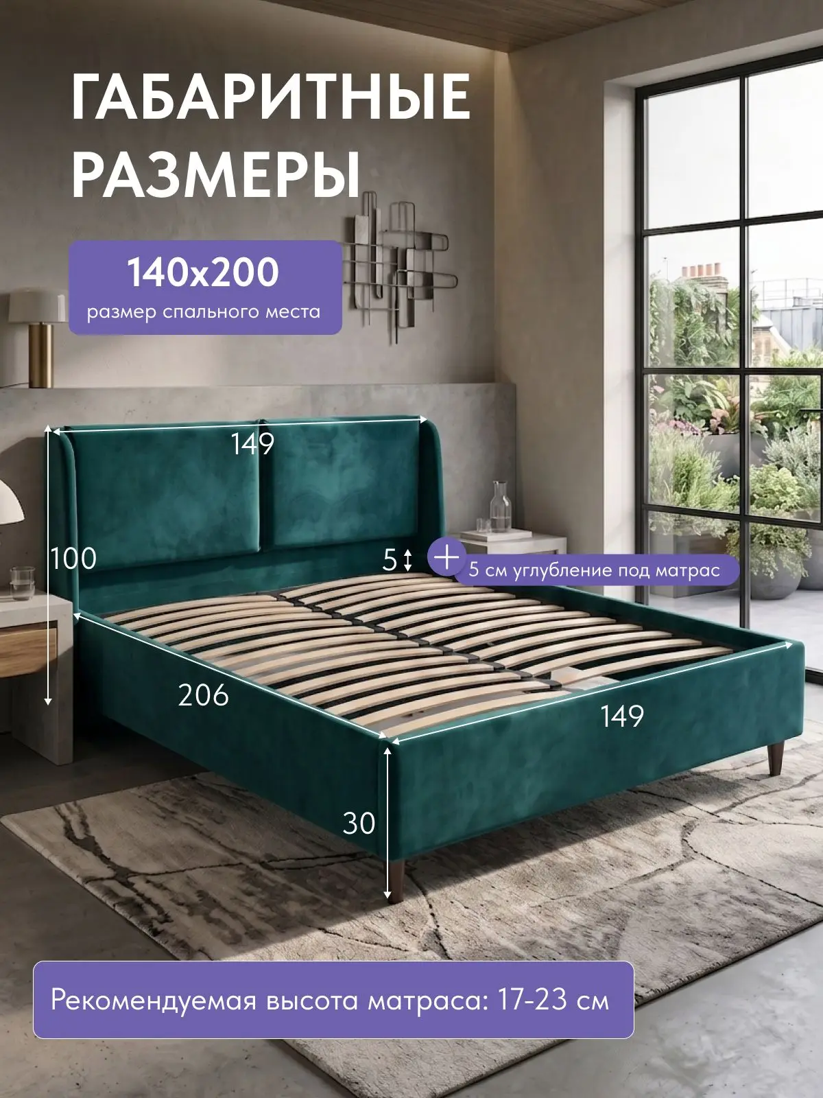 Кровать Манчестер, Урбан 140х200 зеленый, 206×149×100 см