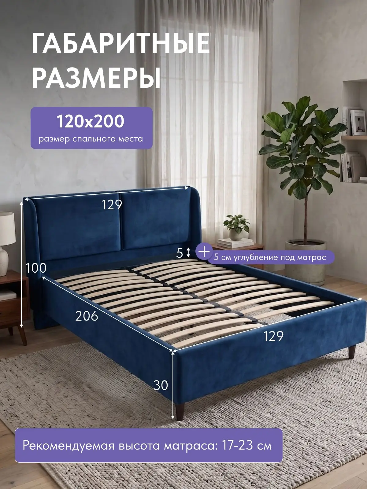 Кровать Манчестер, Урбан 120х200 синий, 206×129×100 см