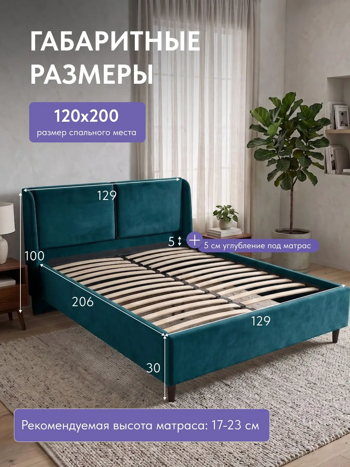 Кровать Манчестер, Урбан 120х200 зеленый, 206×129×100 см