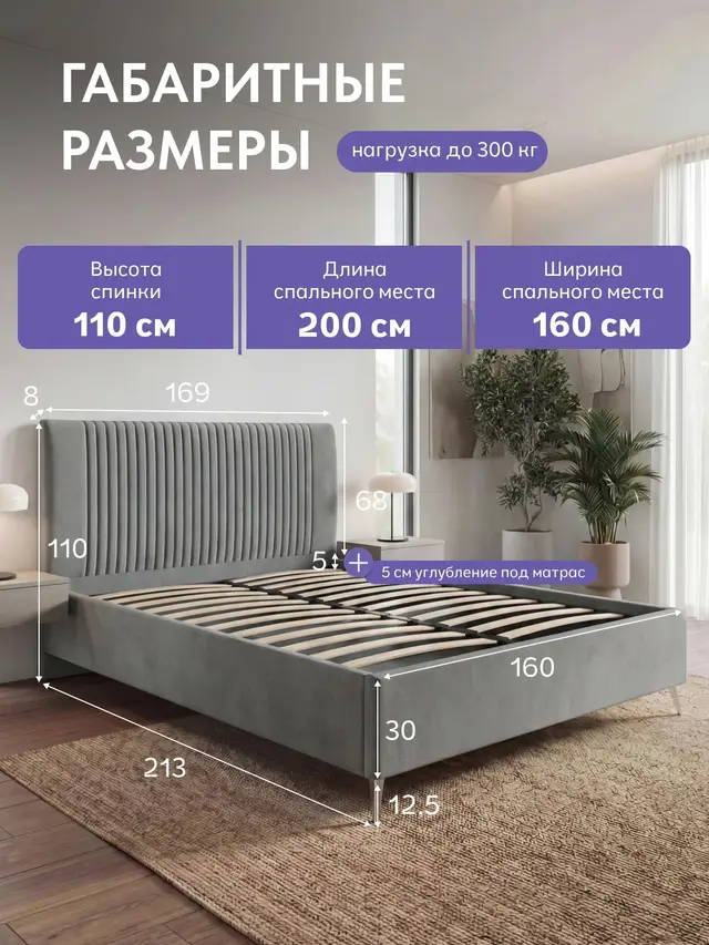 Кровать 160х200 с подъемным механизмом Брэнда велюр серый, двуспальная с мягким изголовьем и ортопедическим основанием, 213×169×110 см