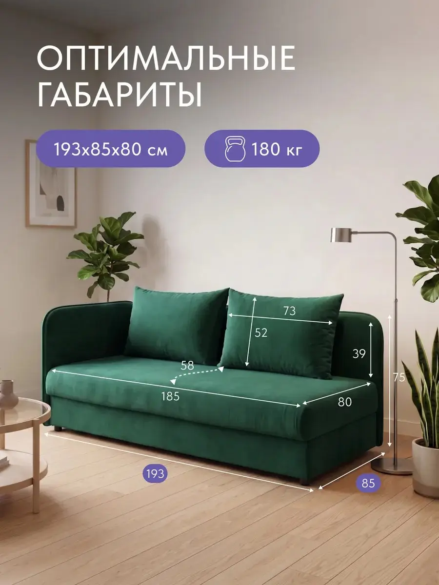 Кушетка софа Оливия, диван кухонный со спальным местом 185х80, велюр изумруд