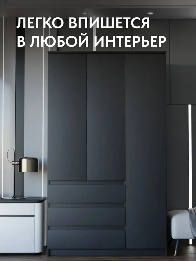 Шкаф распашной черный для одежды с полками Челси 120, 120×51×202 см