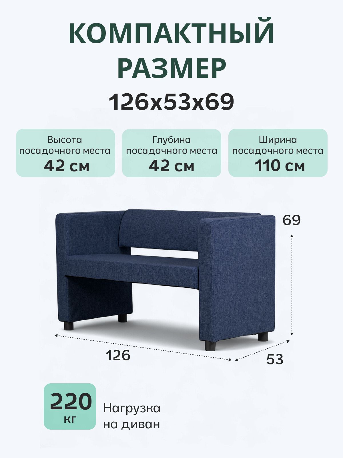 Прямой диван "Берри" 128x52x68 см, синий рогожка, Divan24 — дополнительное фото