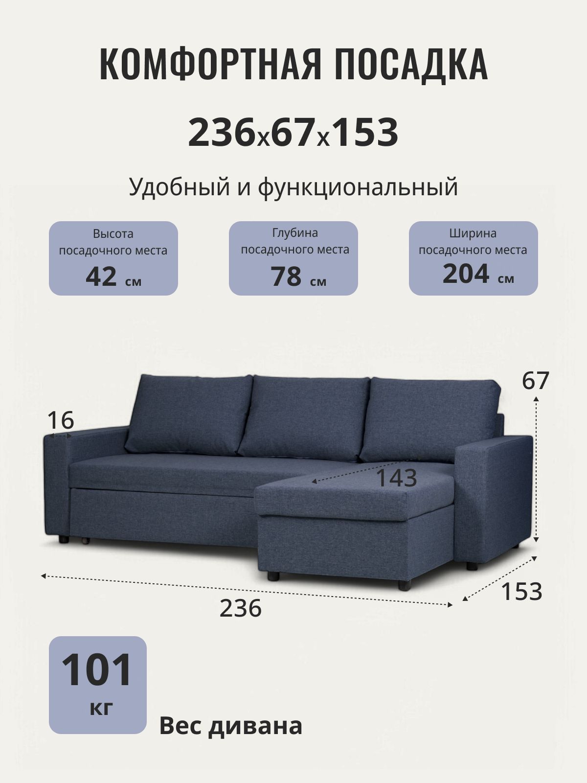 Угловой диван-кровать "Дуглас" (синий рогожка), Divan24 в цвете Синий - вид 4 | Артикул: 70300354