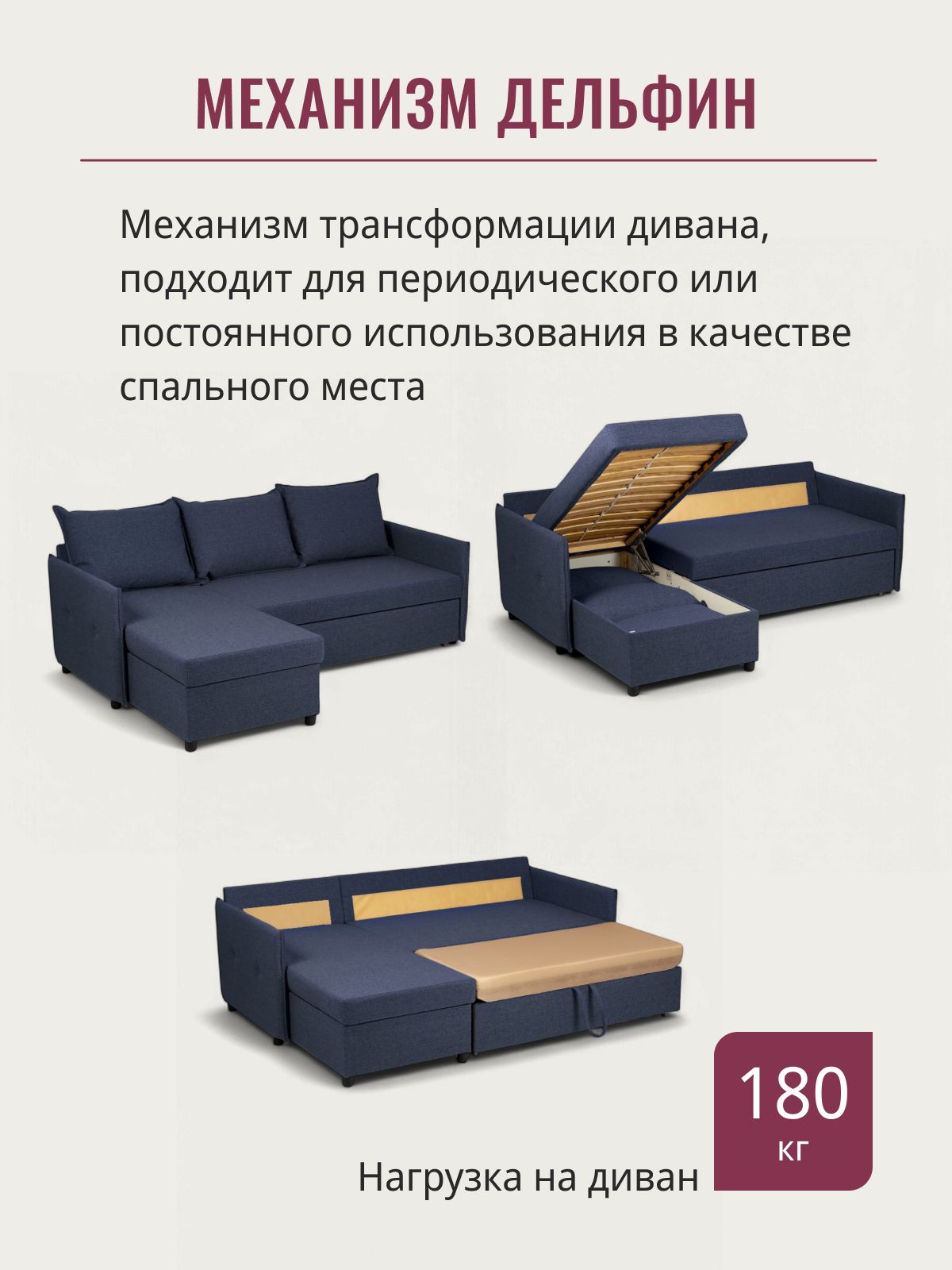 Угловой диван-кровать "Марсель", синий, рогожка, с подлокотниками, дельфин, двуспальный, Divan24 в цвете Синий - вид 3 | Артикул: 70310357