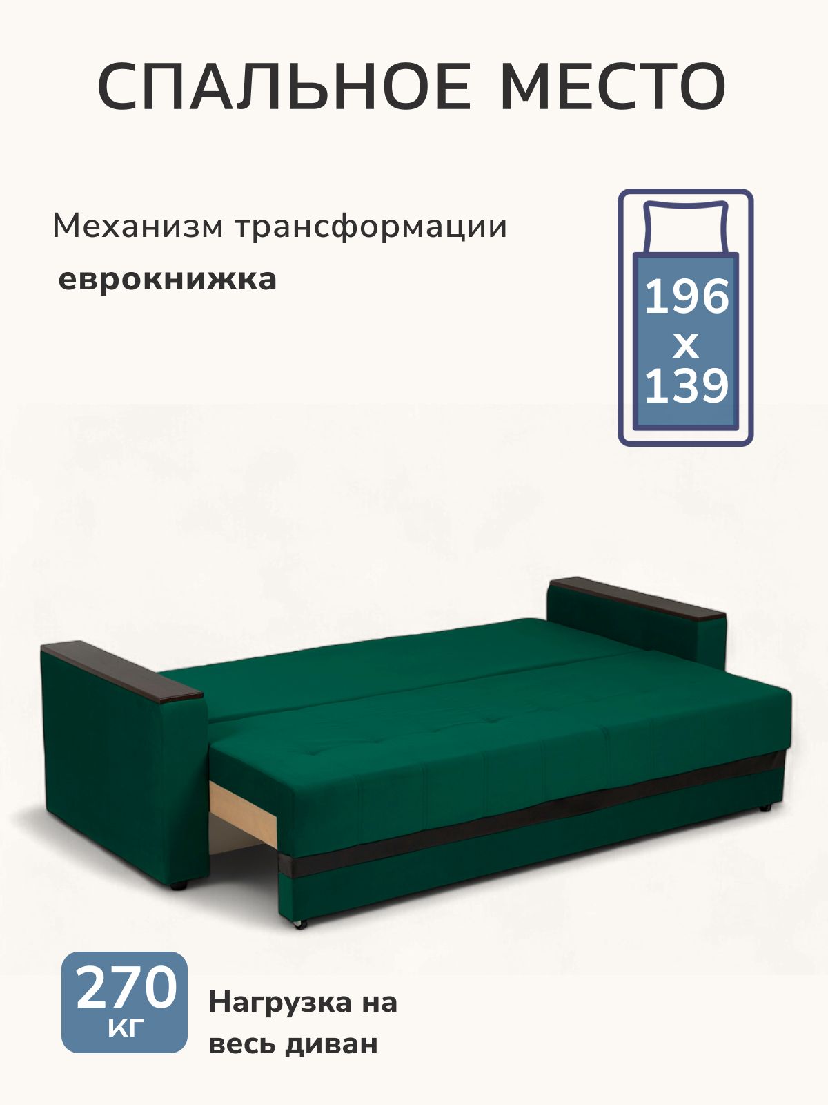 Диван-кровать "Мичиган" зеленый велюр с подлокотниками раскладной, еврокнижка, Divan24 в цвете Зеленый - вид 3 | Артикул: 70310396