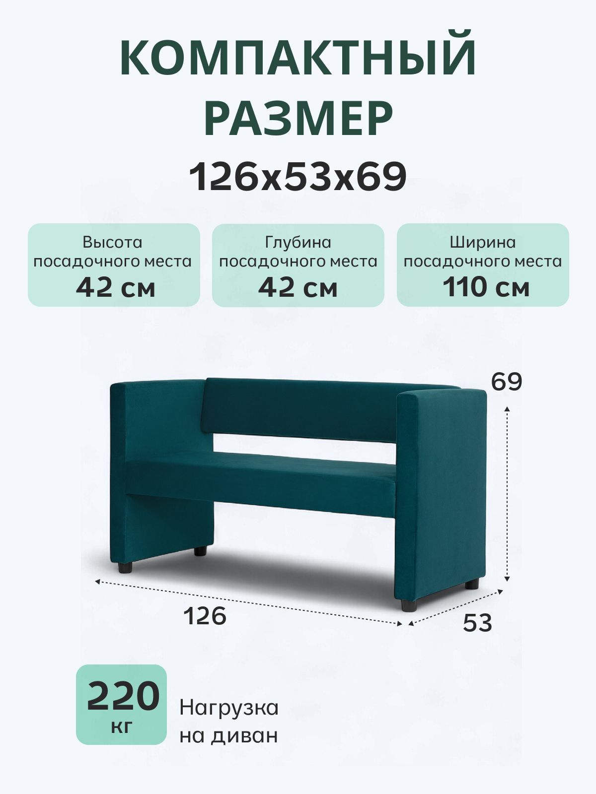 Прямой диван "Берри" 126x52x68 см, изумрудный велюр, Divan24 — дополнительное фото