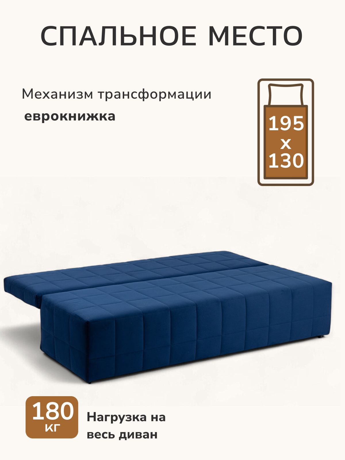 Диван-кровать "Вентура", синий, велюр, механизм Еврокнижка 195х77х73 см, Divan 24 в цвете Синий - вид 3 | Артикул: 77400053