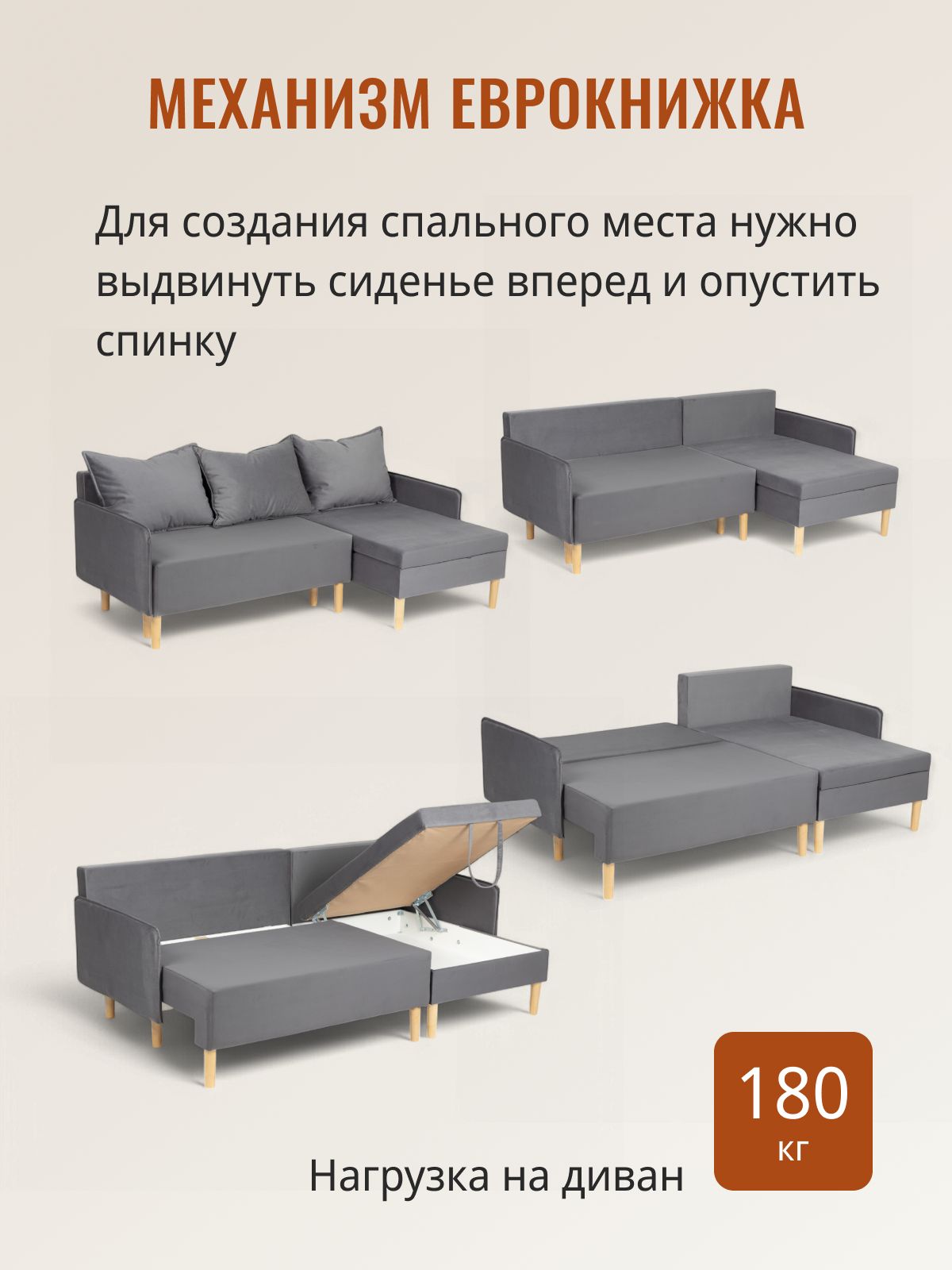 Угловой диван-кровать Неаполь серый велюр с подлокотниками еврокнижка двуспальный, Divan24 в цвете Серый - вид 3 | Артикул: 77400299