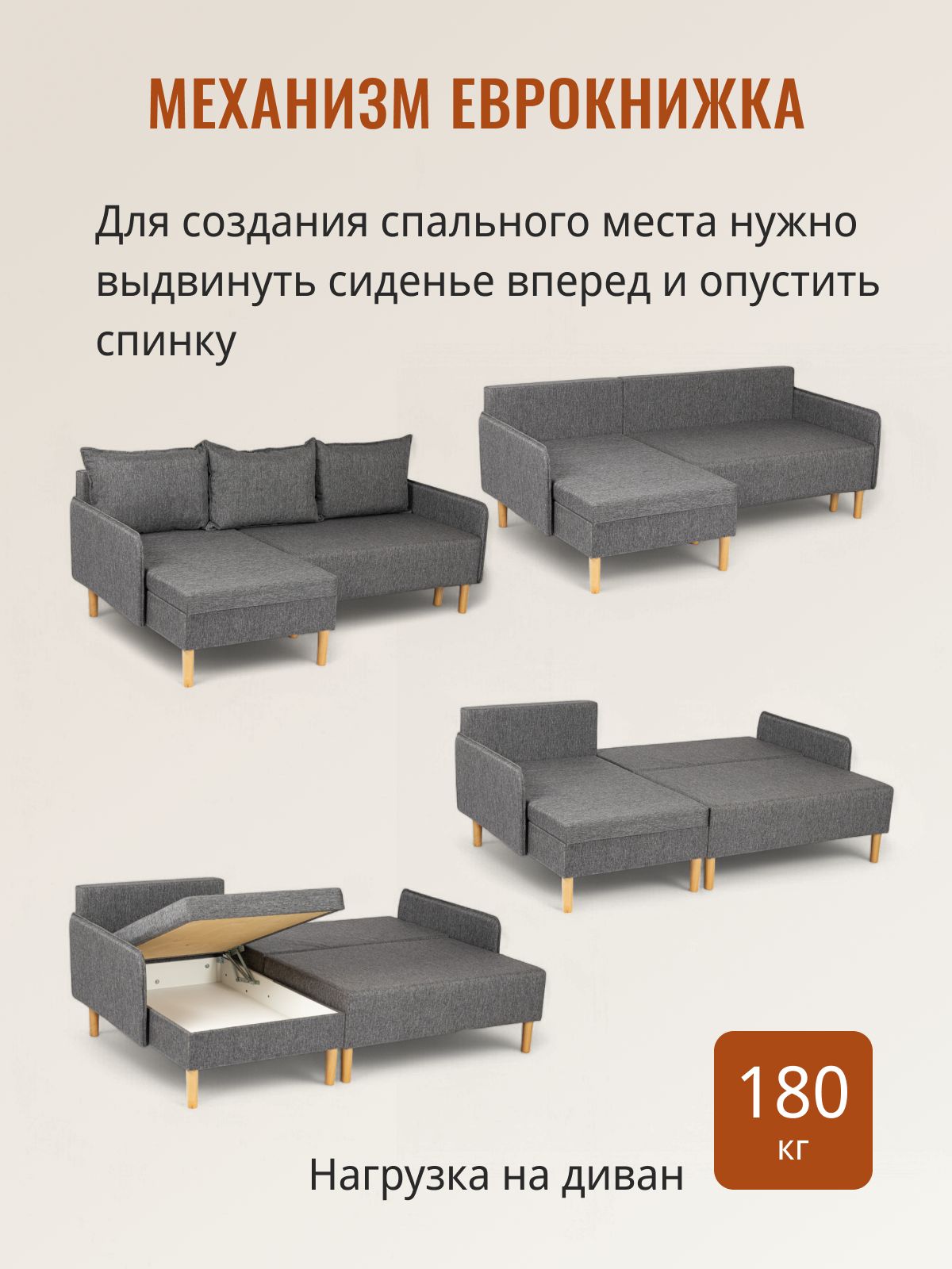 Угловой диван-кровать Неаполь темно-серый рогожка с подлокотниками еврокнижка двуспальный, Divan24 в цвете Темно-серый - вид 3 | Артикул: 77400300