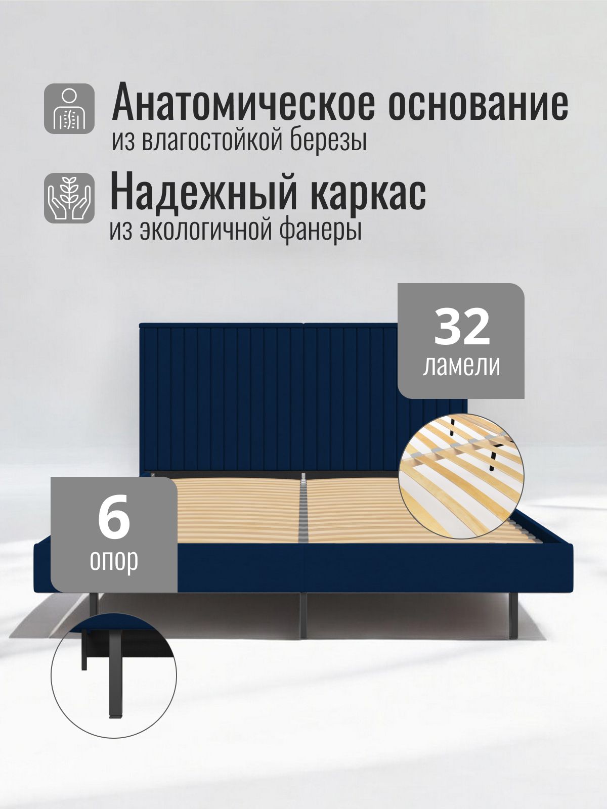 Кровать двуспальная "Сонна", 160x200 см, синий велюр, Divan24 в цвете Синий - вид 5 | Артикул: 77400441