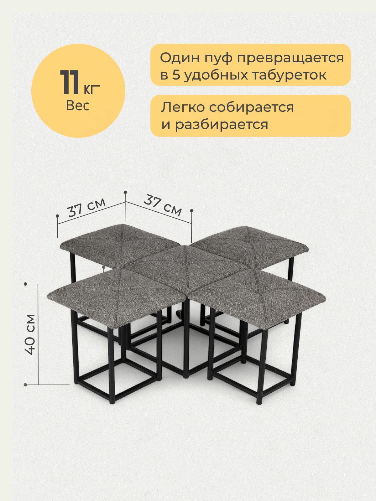 Комплект табуретов "Олбери", 5 шт, 37х37х40 см, темно-серый рогожка, Divan24 в цвете Темно-серый - вид 3 | Артикул: 77400545