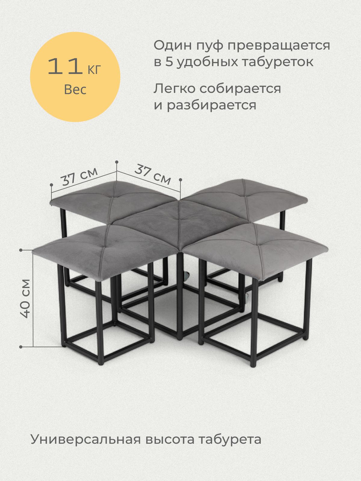 Комплект табуретов "Олбери", 5 шт, 37х37х40 см, серый велюр, Divan24 в цвете Серый - вид 3 | Артикул: 77400546