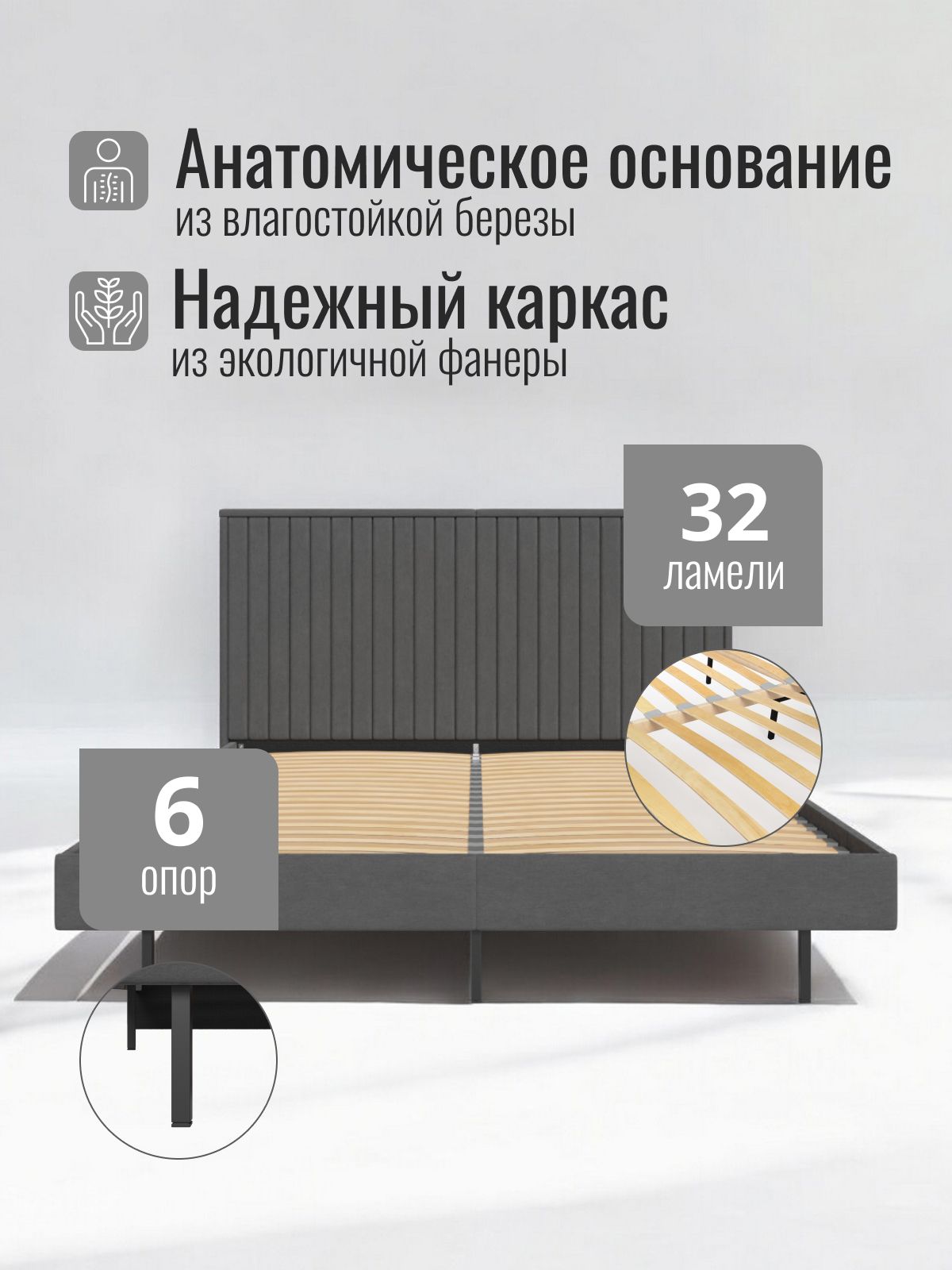 Кровать двуспальная "Сонна" с матрасом 160х200 велюр серый, Divan24 в цвете Серый - вид 5 | Артикул: 77400585