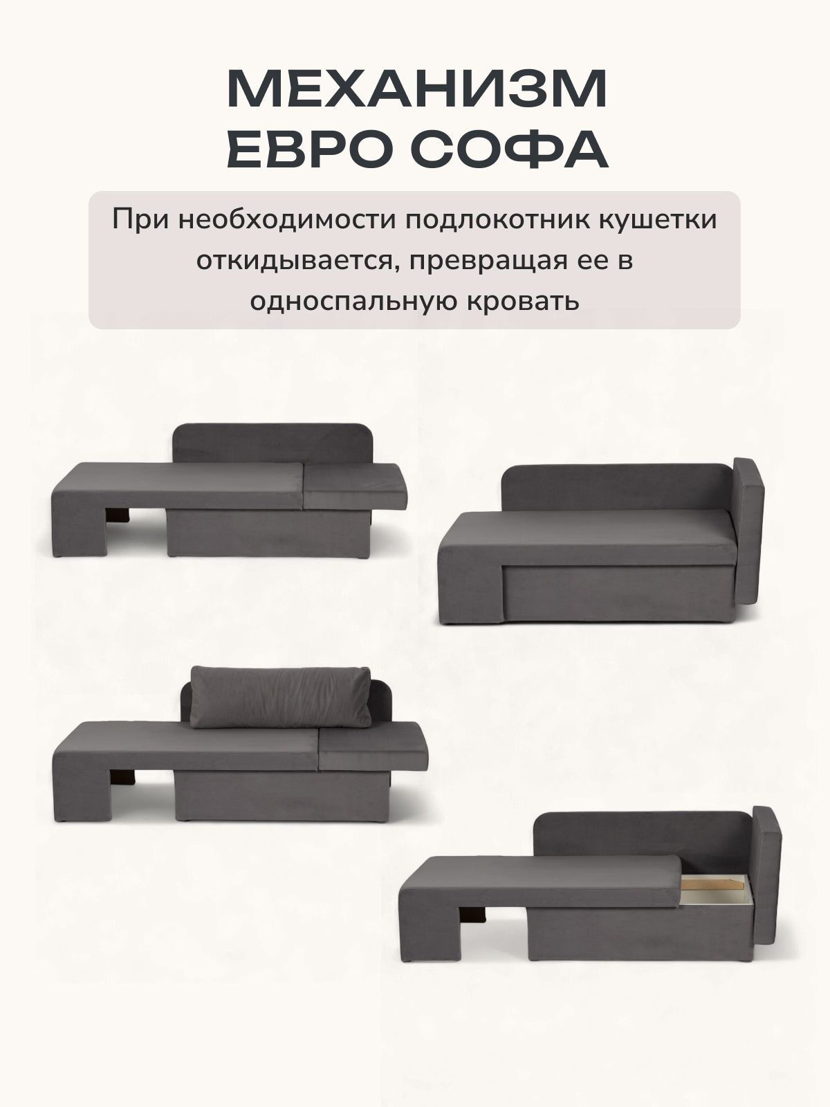 Диван-кровать "Дуэ" 145х66х74 еврокнижка серый велюр, Divan24 в цвете Серый - вид 6 | Артикул: 77400586