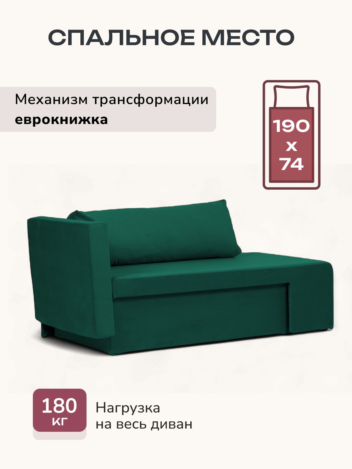 Диван-кровать "Дуэ" 145х66х74 еврокнижка изумрудный велюр, Divan24 — дополнительное фото
