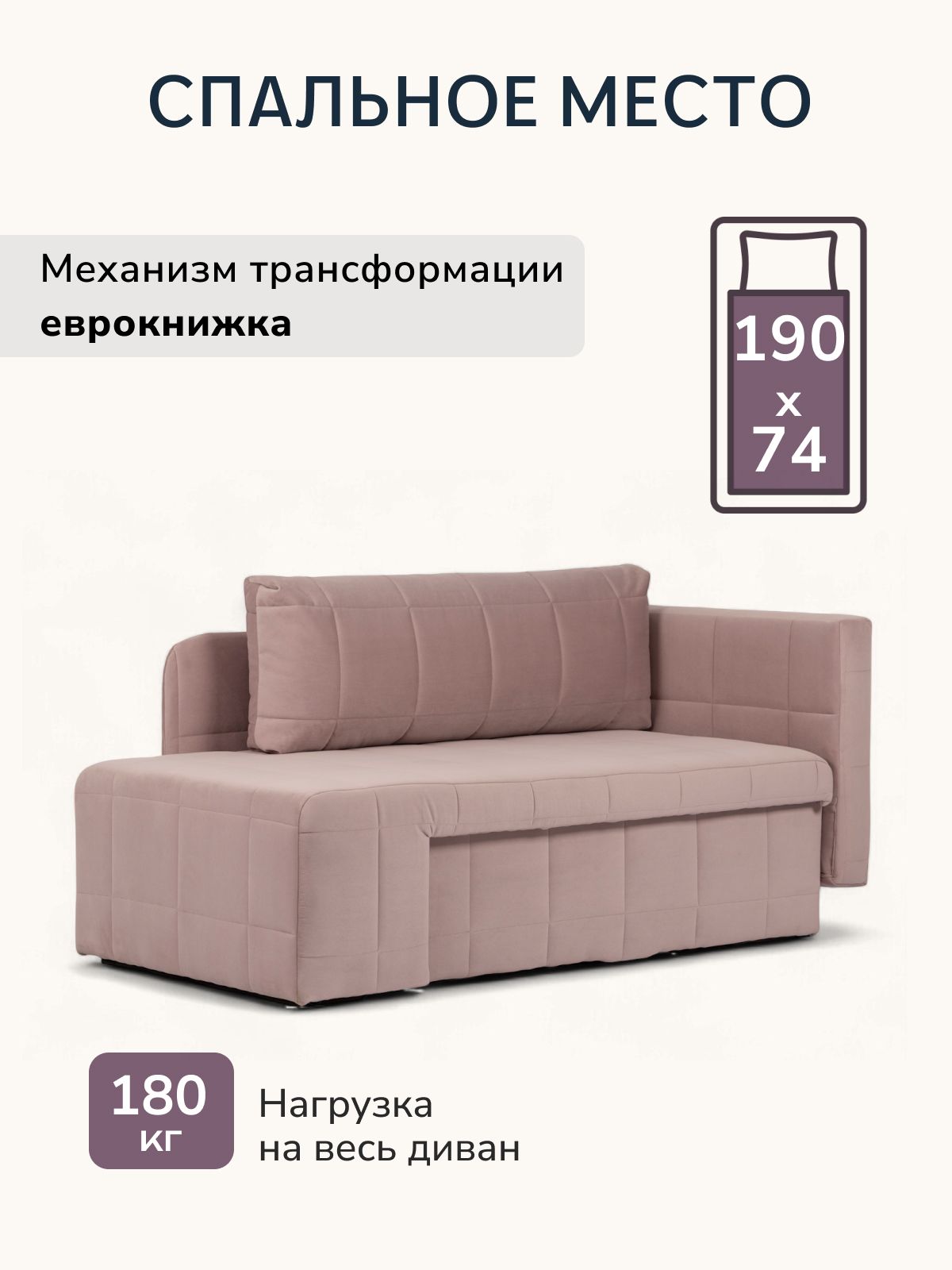 Диван-кровать "Гоа" 145х66х74 еврокнижка серо-розовый велюр, Divan24 в цвете Серо-розовый - вид 3 | Артикул: 77400638