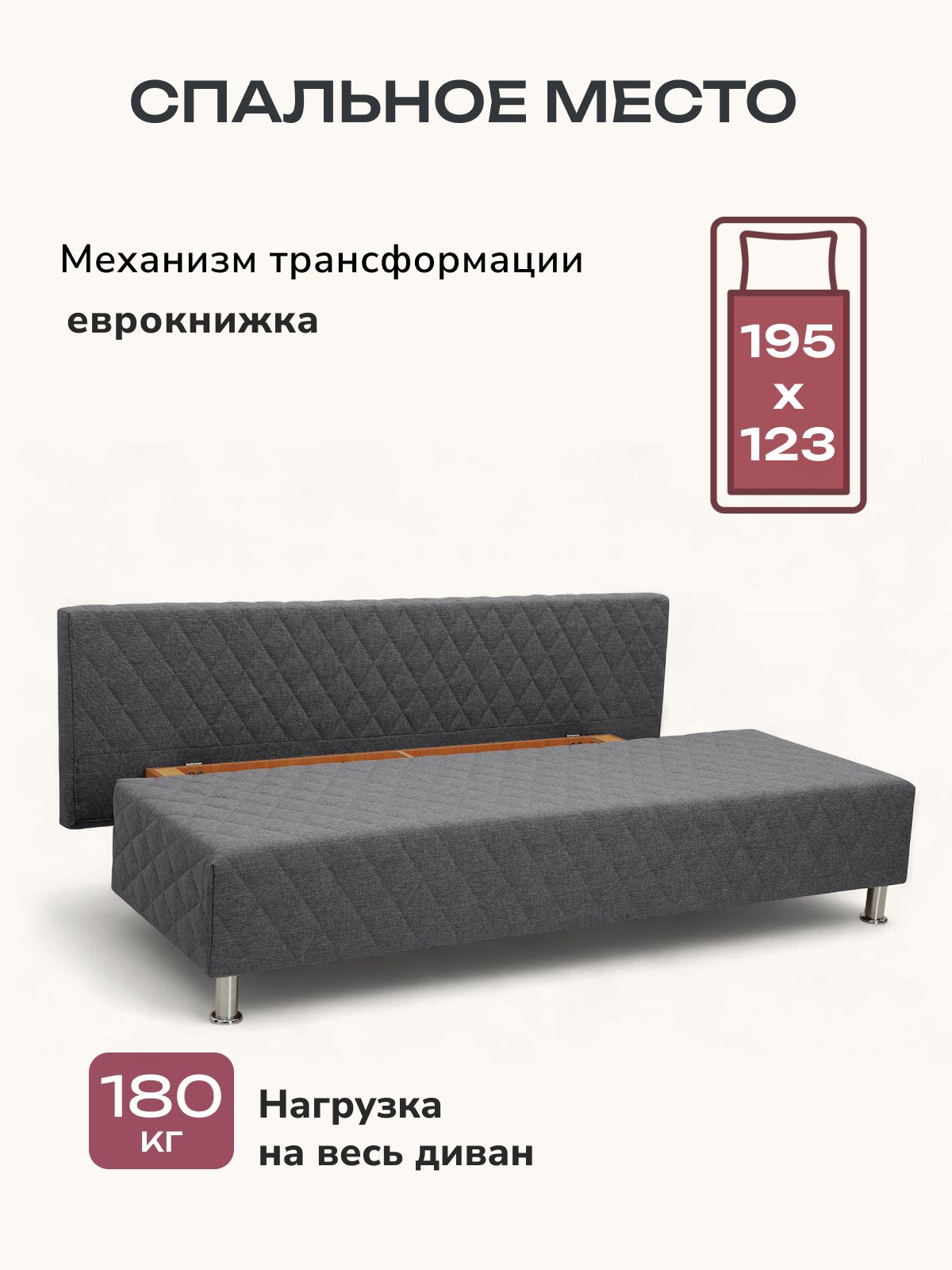 Диван-кровать "Марбелья Лайт, Еврокнижка 195х73х76 темно-серый рогожка, Divan24 в цвете Темно-серый - вид 3 | Артикул: 77400660