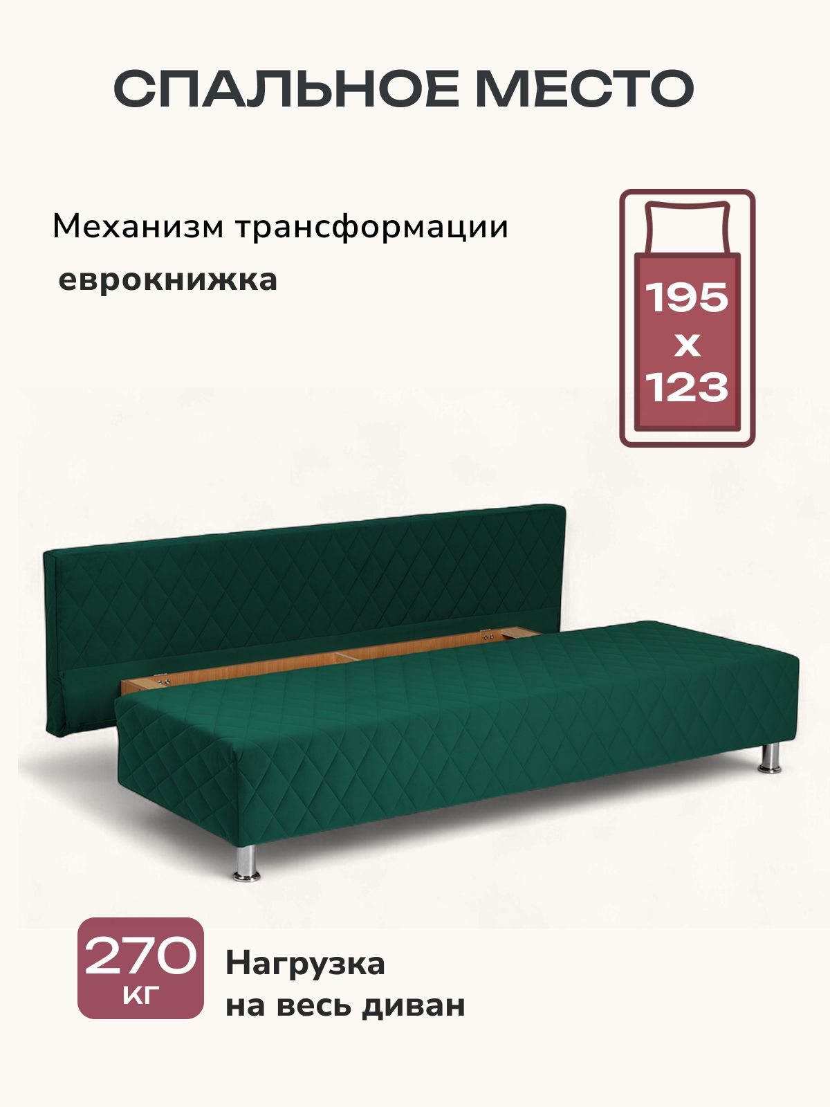 Диван-кровать "Марбелья Лайт, Еврокнижка 195х73х76 изумрудный велюр, Divan24 в цвете Изумрудный (зеленый) - вид 3 | Артикул: 77400681