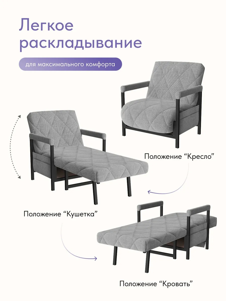 Кресло-кровать "Акробат" серая рогожка (модерно 02) чёрный каркас - миниатюра 3