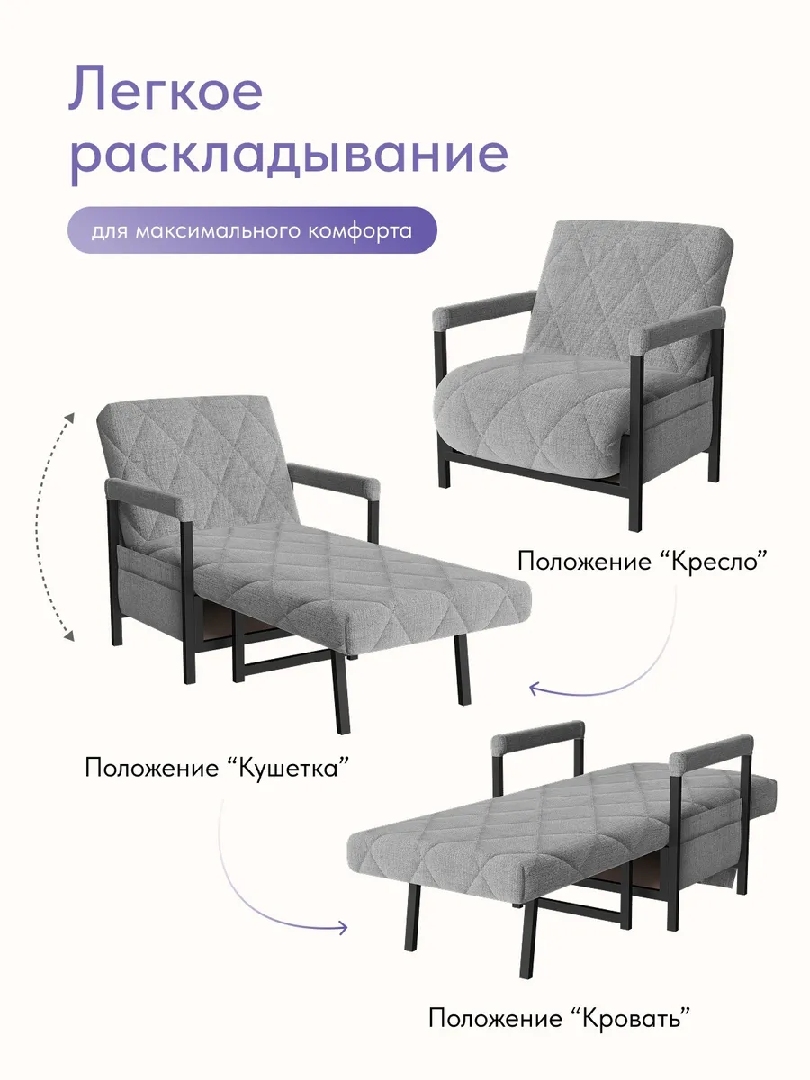 Кресло-кровать "Акробат" серая рогожка (модерно 02) чёрный каркас - миниатюра 3