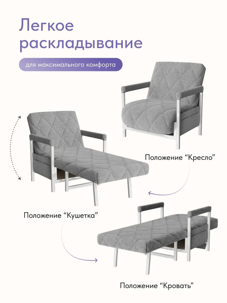 Кресло-кровать "Акробат" серая рогожка (модерно 02) белый каркас - миниатюра 3