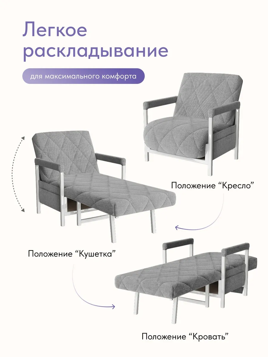 Кресло-кровать "Акробат" серая рогожка (модерно 02) белый каркас - миниатюра 3