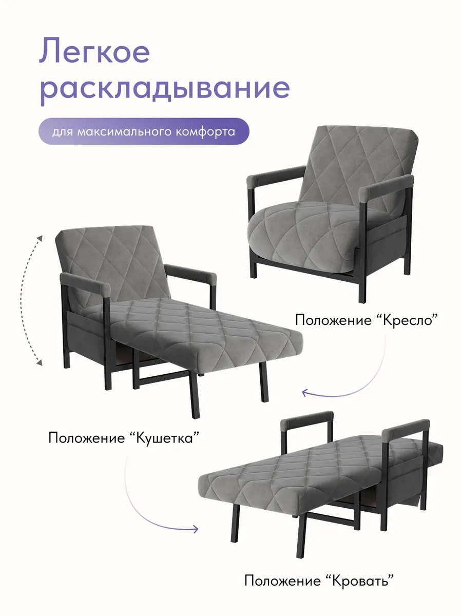 Кресло-кровать "Акробат" серый велюр (Velutto 32) чёрный каркас - миниатюра 3