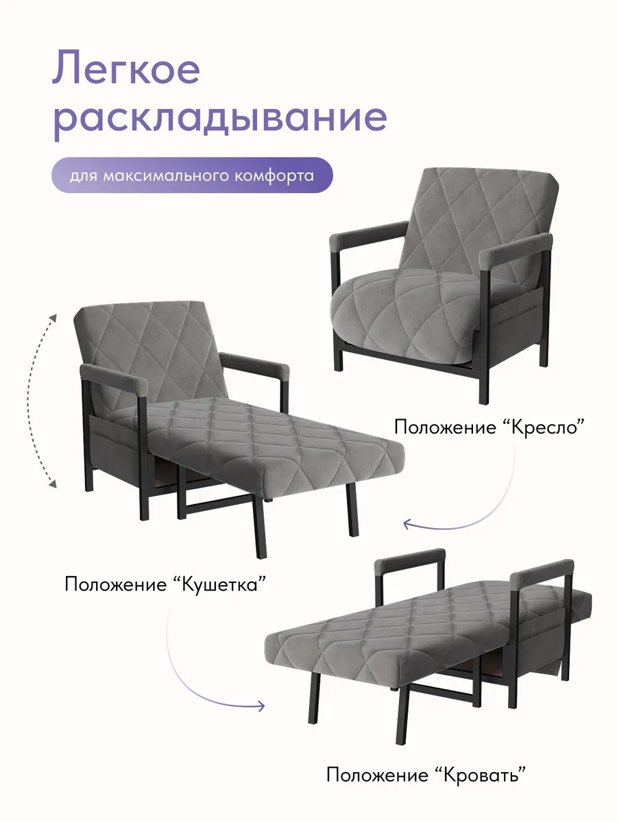 Кресло-кровать "Акробат" серый велюр (Velutto 32) чёрный каркас - миниатюра 3