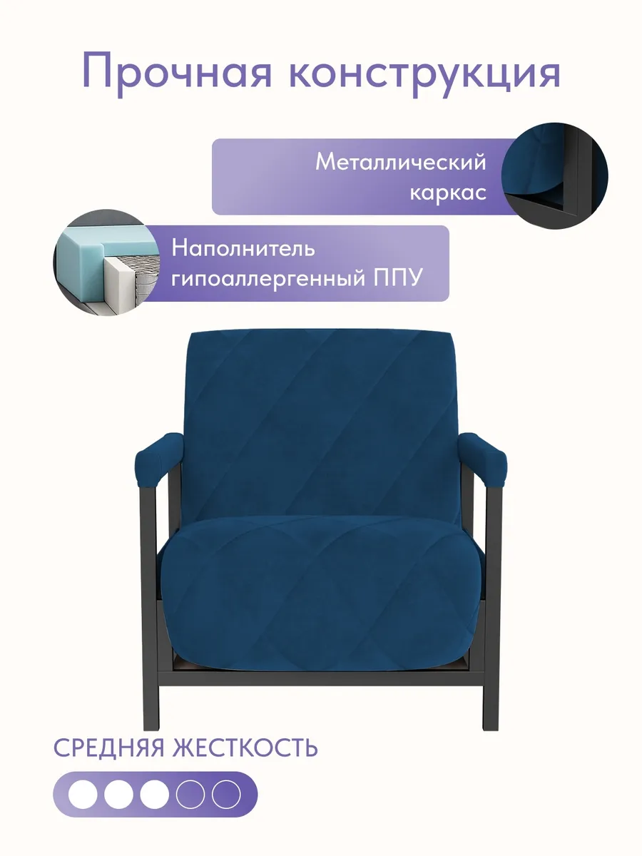 Кресло-кровать "Акробат" синий велюр (Velutto 26) чёрный каркас - миниатюра 5