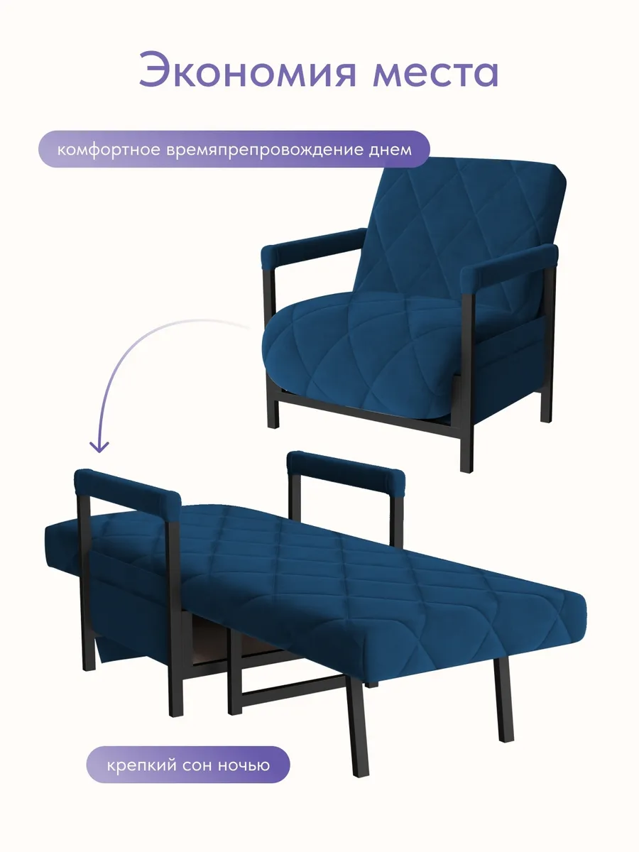 Кресло-кровать "Акробат" синий велюр (Velutto 26) чёрный каркас - миниатюра 8